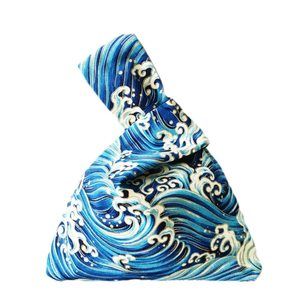 Japanese Pattern Cotton Knot Bag Small Size Canvas Tote Blue Waves c: